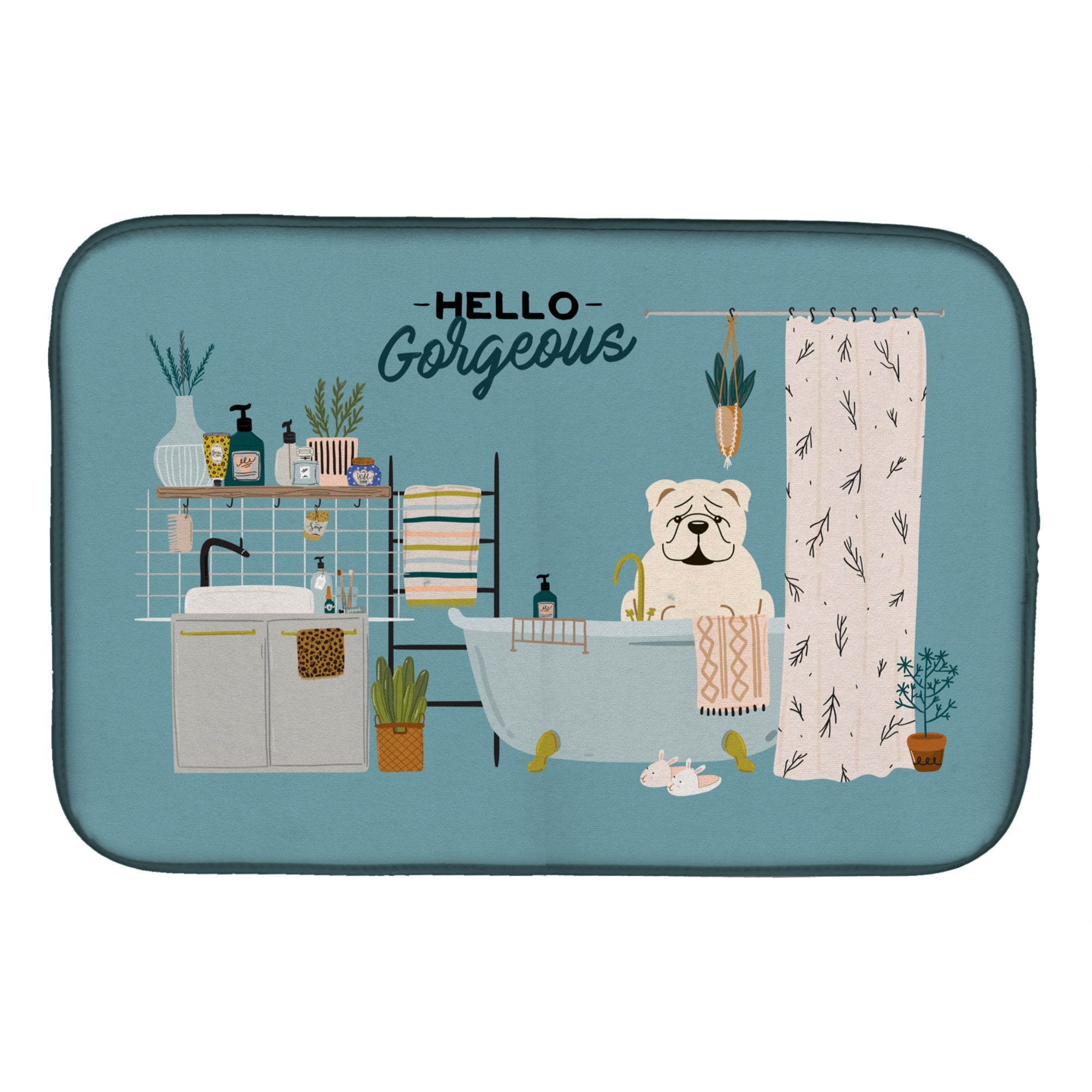White English Bulldog In Bathtub Dish Drying Mat